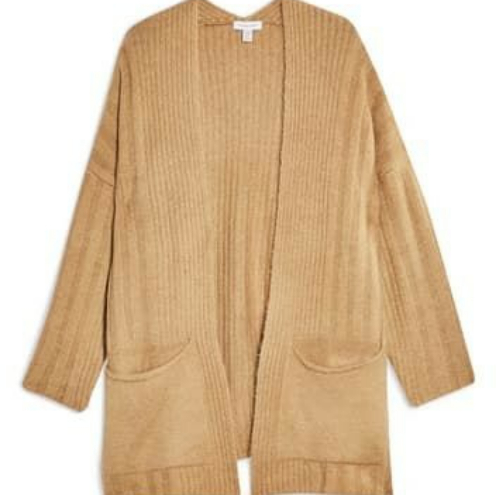 Topshop Camel Open-Front Ribbed Cardigan